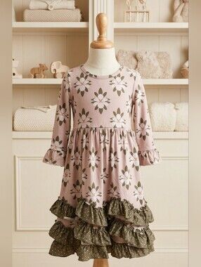 Adorable Sweetness Sage Polk A Dot And Flower 3 Ruffle Dress